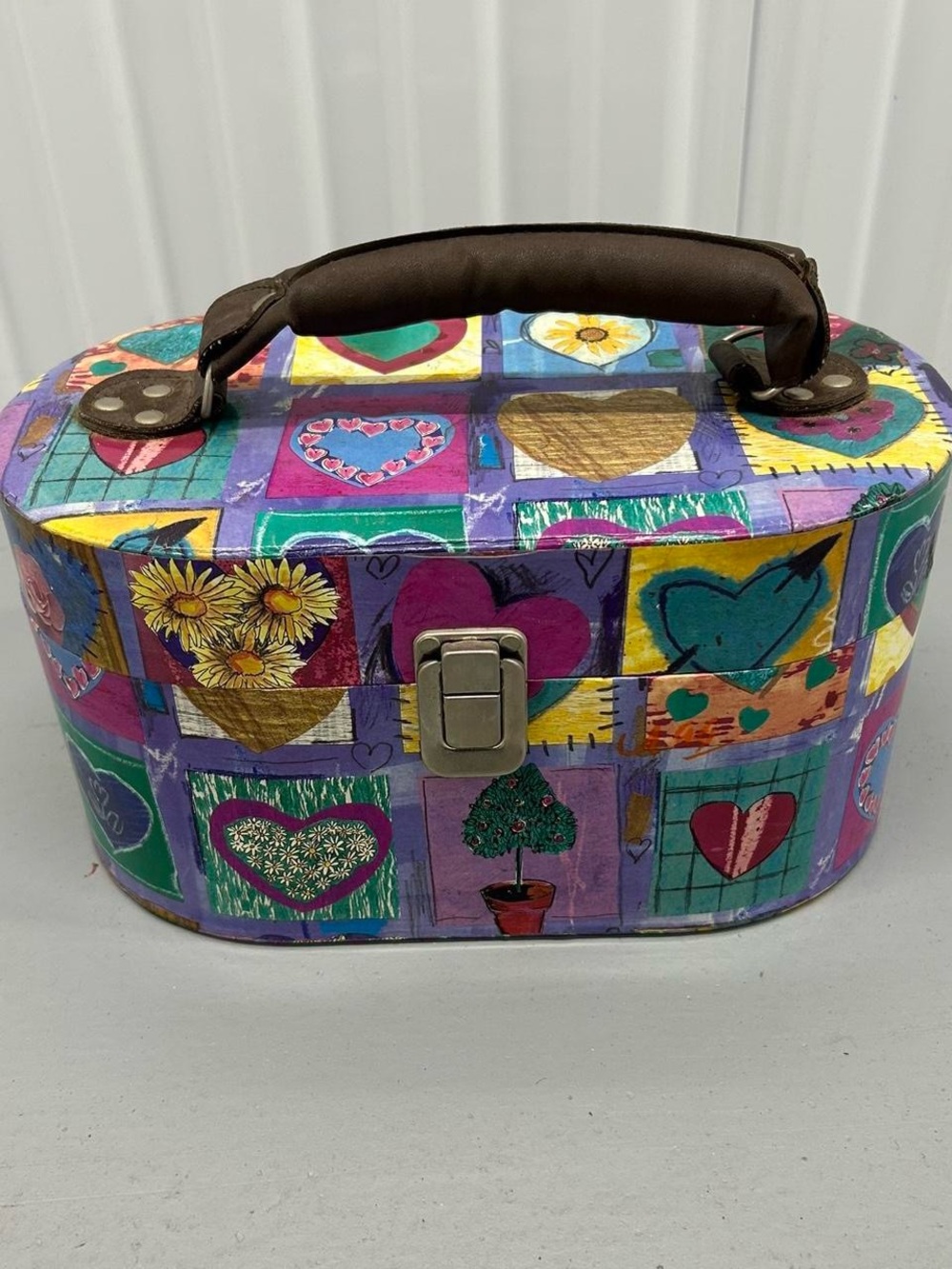 Large Trinket Jewelry Sewing Heart Patchwork Box With Leather Handle Vintage